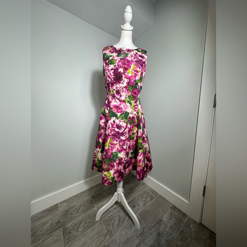 Oscar de la Renta Silk Floral Party Poplin Fit & Flare Cocktail Midi Dress Sz 8 - Picture 6 of 16
